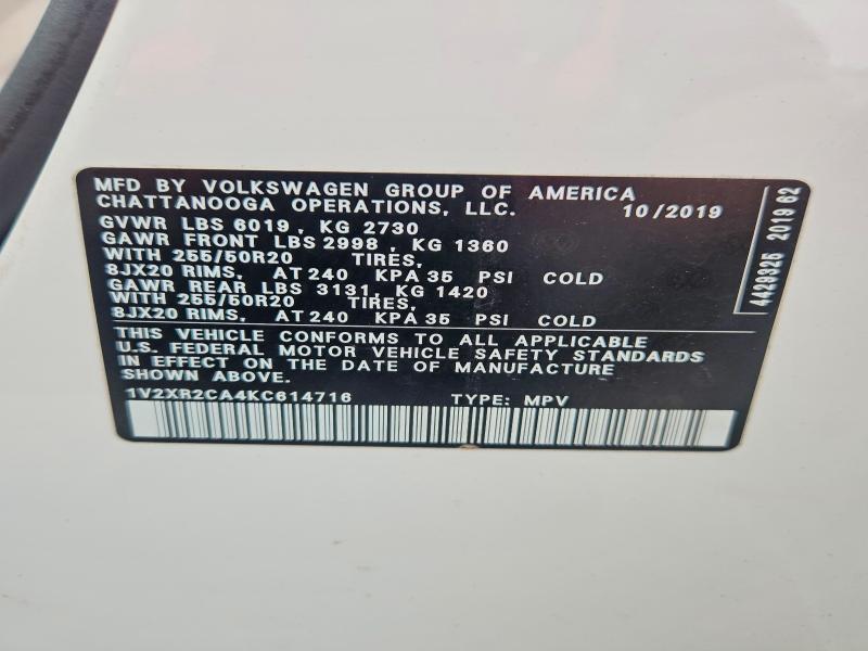 2019 Volkswagen Atlas მანქანა იყიდება აუქციონზე, vin: 1V2XR2CA4KC614716, აუქციონის ნომერი: 60502666