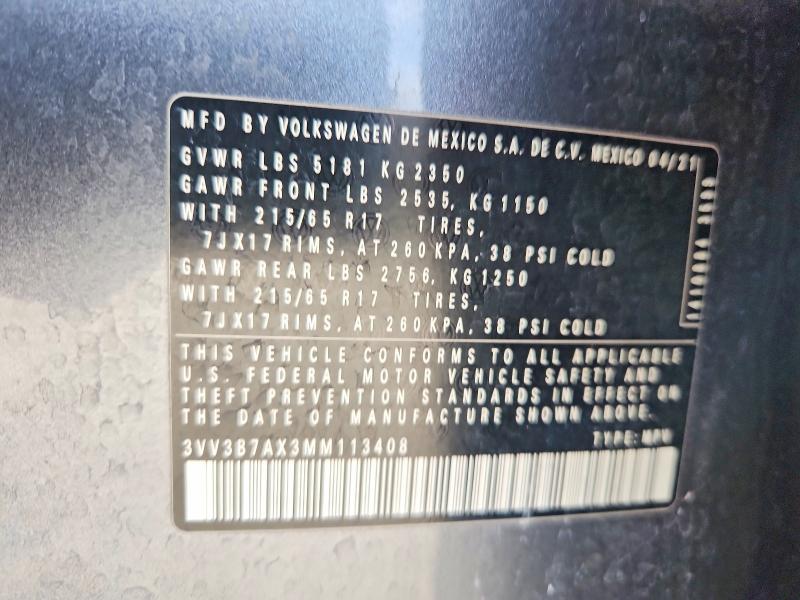 Aukcja sprzedaży 2021 Volkswagen Tiguan, vin: 3VV3B7AX3MM113408, numer aukcji: 62543876