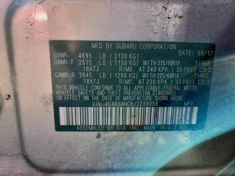 61007306 :رقم المزاد ، 4S4BSANC8J3239058 vin ، 2018 Subaru Outback مزاد بيع