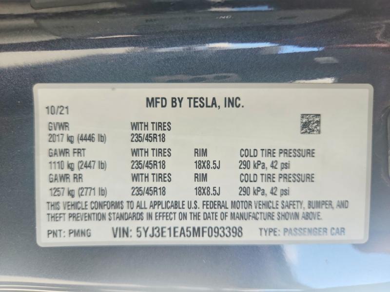 Aukcja sprzedaży 2021 Tesla Model 3, vin: 5YJ3E1EA5MF093398, numer aukcji: 60927076