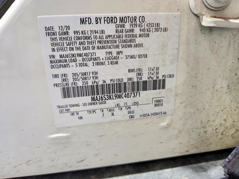 2021 Ford Ecosport მანქანა იყიდება აუქციონზე, vin: MAJ6S3KL9MC407371, აუქციონის ნომერი: 61631616