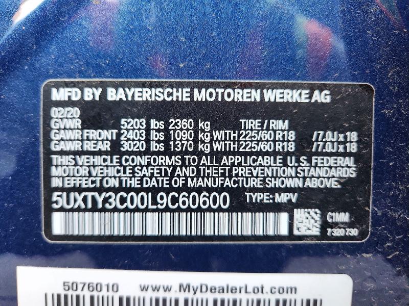 2020 Bmw X3 მანქანა იყიდება აუქციონზე, vin: 5UXTY3C00L9C60600, აუქციონის ნომერი: 61779366