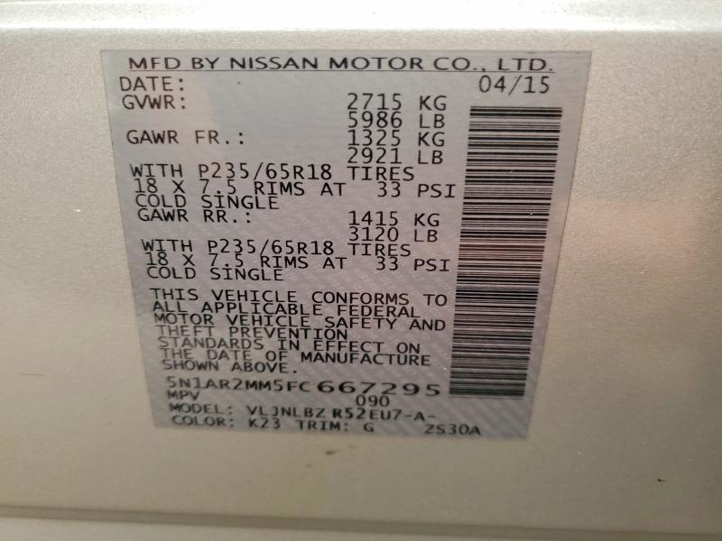 2015 Nissan Pathfinder მანქანა იყიდება აუქციონზე, vin: 5N1AR2MM5FC667295, აუქციონის ნომერი: 61398936