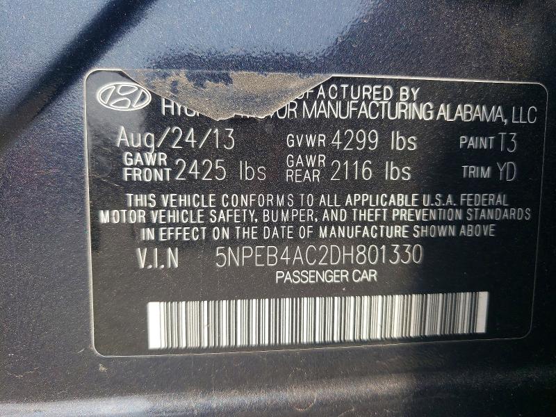 60784106 :رقم المزاد ، 5NPEB4AC2DH801330 vin ، 2013 Hyundai Sonata مزاد بيع