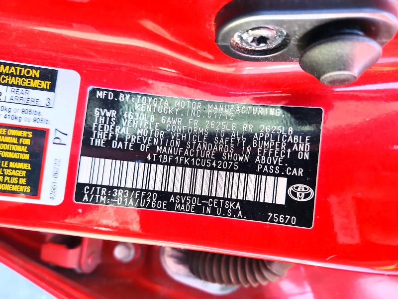 2012 Toyota Camry მანქანა იყიდება აუქციონზე, vin: 4T1BF1FK1CU542075, აუქციონის ნომერი: 62948866