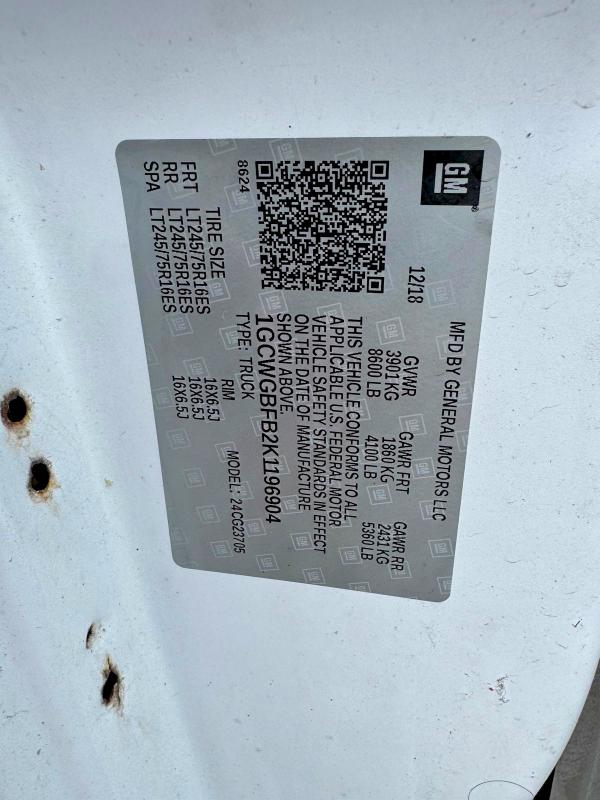 Продаж на аукціоні авто 2019 Chevrolet Express G2500, vin: 1GCWGBFB2K1196904, номер лоту: 59825786