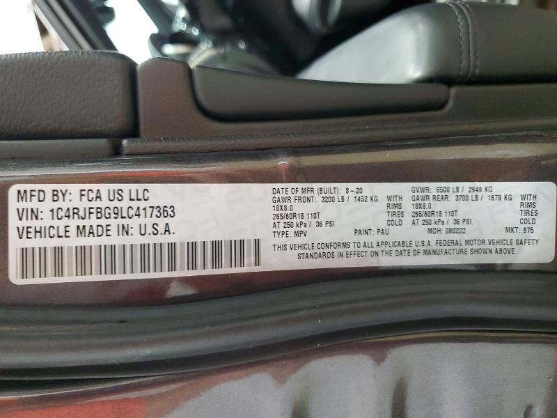 59609146 :رقم المزاد ، 1C4RJFBG9LC417363 vin ، 2020 Jeep Grand Cherokee مزاد بيع