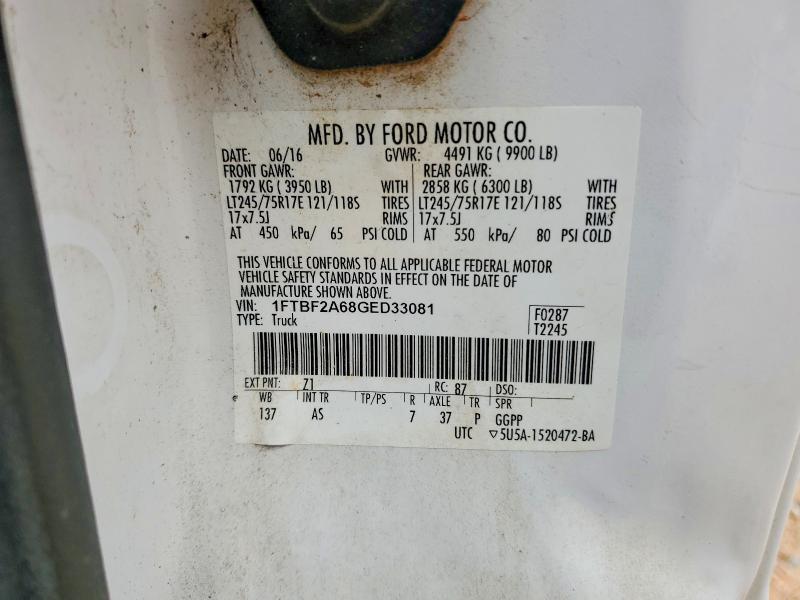 62137656 :رقم المزاد ، 1FTBF2A68GED33081 vin ، 2016 Ford F250 مزاد بيع