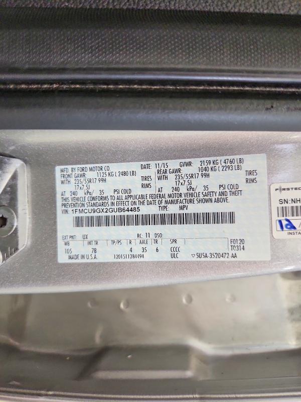 59010566 :رقم المزاد ، 1FMCU9GX2GUB64485 vin ، 2016 Ford Escape مزاد بيع