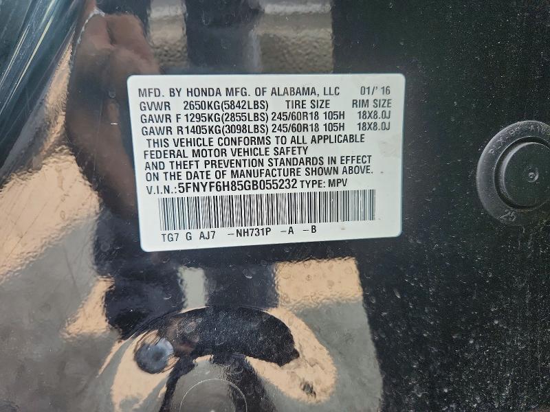 Продаж на аукціоні авто 2016 Honda Pilot, vin: 5FNYF6H85GB055232, номер лоту: 61640996