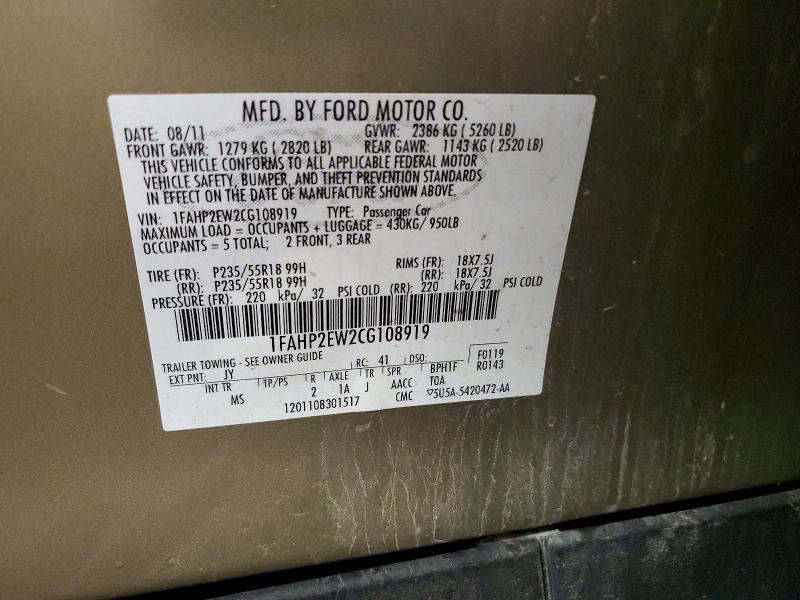 63353426 :رقم المزاد ، 1FAHP2EW2CG108919 vin ، 2012 Ford Taurus مزاد بيع