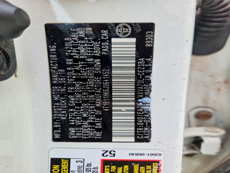 2018 Toyota Camry მანქანა იყიდება აუქციონზე, vin: 4T1B11HK6JU641452, აუქციონის ნომერი: 60435976