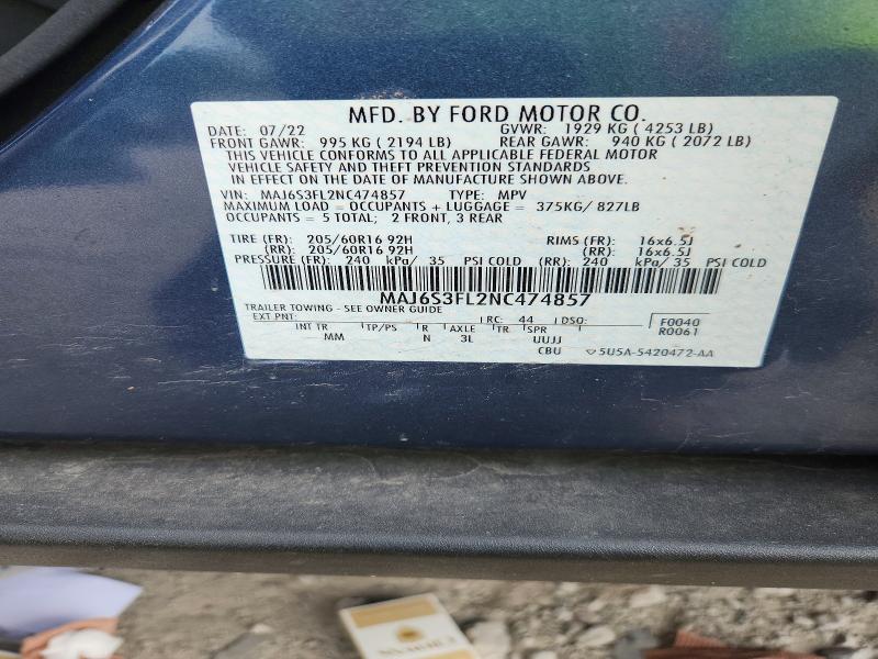 85632675 :رقم المزاد ، MAJ6S3FL2NC474857 vin ، 2022 Ford Ecosport مزاد بيع