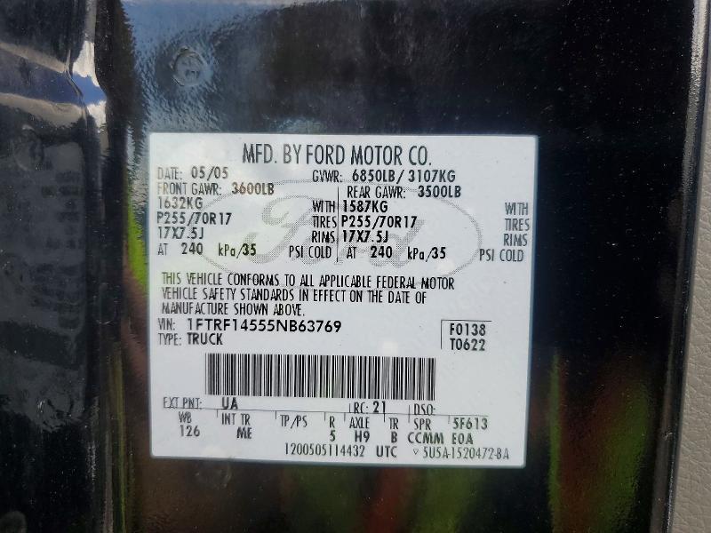 2005 Ford F150 მანქანა იყიდება აუქციონზე, vin: 1FTRF14555NB63769, აუქციონის ნომერი: 59594756