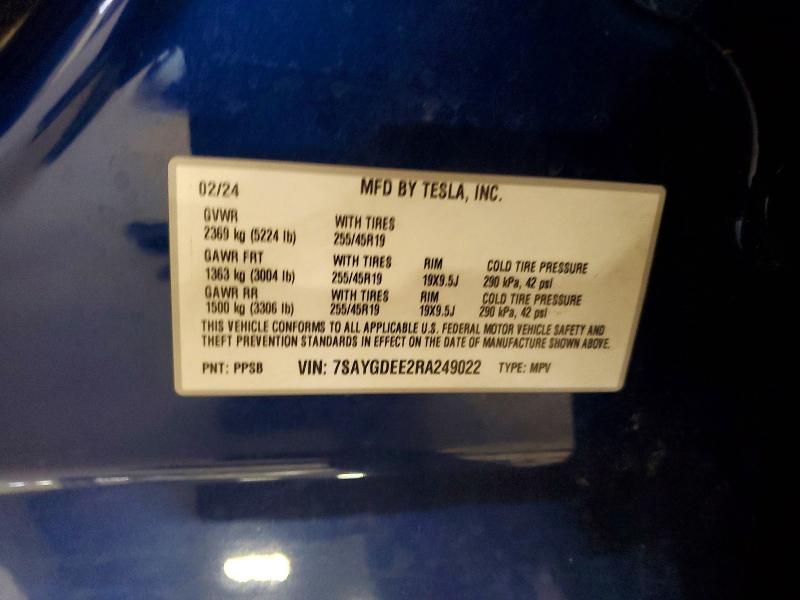 2024 Tesla Model Y მანქანა იყიდება აუქციონზე, vin: 7SAYGDEE2RA249022, აუქციონის ნომერი: 60916316