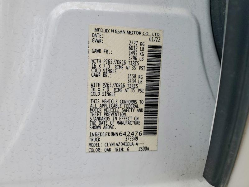 2022 Nissan Frontier მანქანა იყიდება აუქციონზე, vin: 1N6ED1EK0NN642476, აუქციონის ნომერი: 62161636