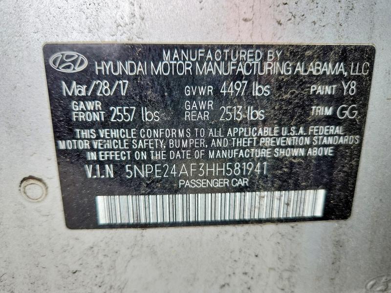 2017 Hyundai Sonata მანქანა იყიდება აუქციონზე, vin: 5NPE24AF3HH581941, აუქციონის ნომერი: 59827386