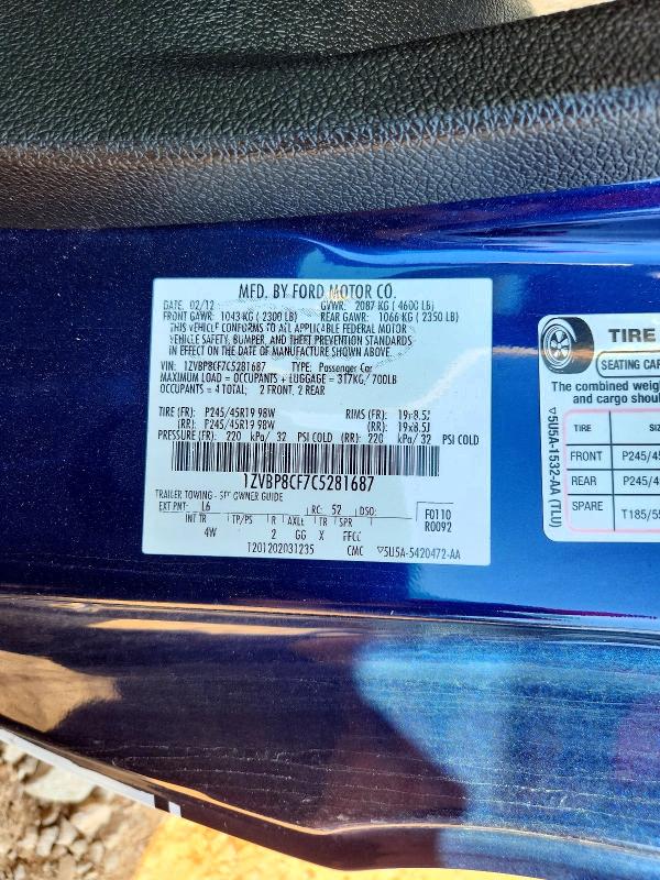 Aukcja sprzedaży 2012 Ford Mustang, vin: 1ZVBP8CF7C5281687, numer aukcji: 60805456