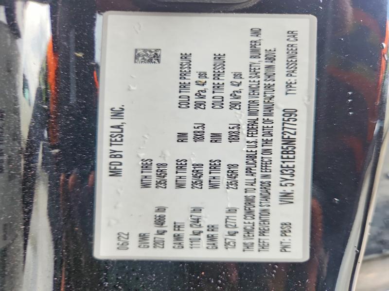 63107686 :رقم المزاد ، 5YJ3E1EB5NF277590 vin ، 2022 Tesla Model 3 مزاد بيع
