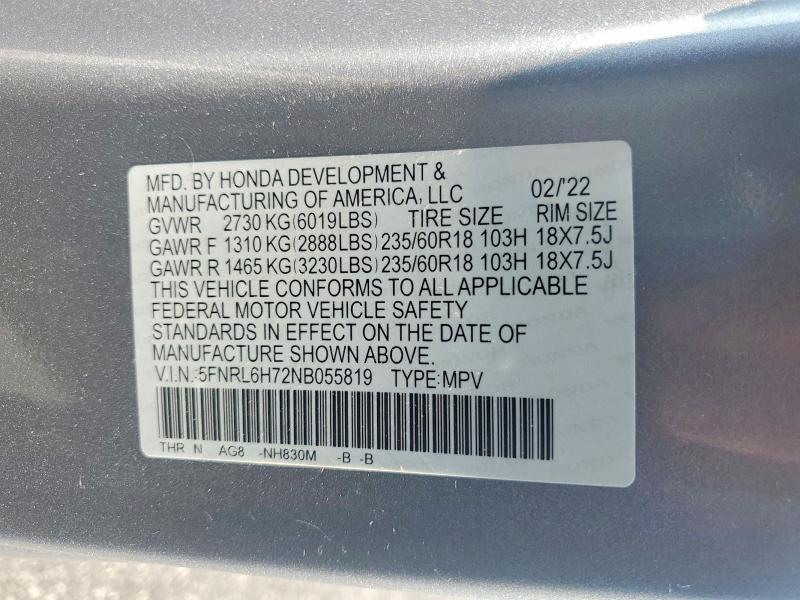 Продажа на аукционе авто 2022 Honda Odyssey, vin: 5FNRL6H72NB055819, номер лота: 62817616