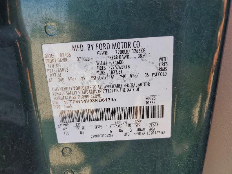 Продаж на аукціоні авто 2008 Ford F150, vin: 1FTPW14V98KD61395, номер лоту: 62615226