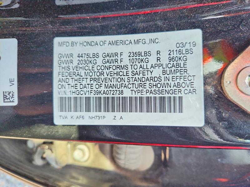 62297056 :رقم المزاد ، 1HGCV1F39KA072738 vin ، 2019 Honda Accord مزاد بيع