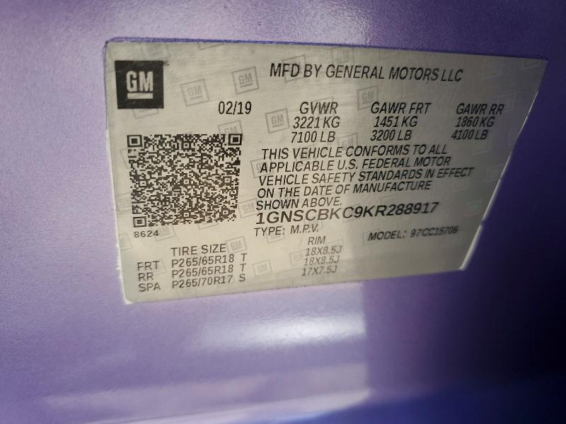 2019 Chevrolet Tahoe მანქანა იყიდება აუქციონზე, vin: 1GNSCBKC9KR288917, აუქციონის ნომერი: 58963466