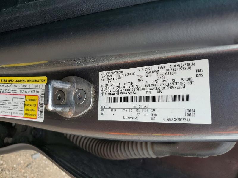 61279386 :رقم المزاد ، 1FMCU9H95NUA72753 vin ، 2022 Ford Escape مزاد بيع