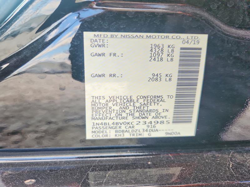 2019 Nissan Altima მანქანა იყიდება აუქციონზე, vin: 1N4BL4BV0KC234985, აუქციონის ნომერი: 63285096