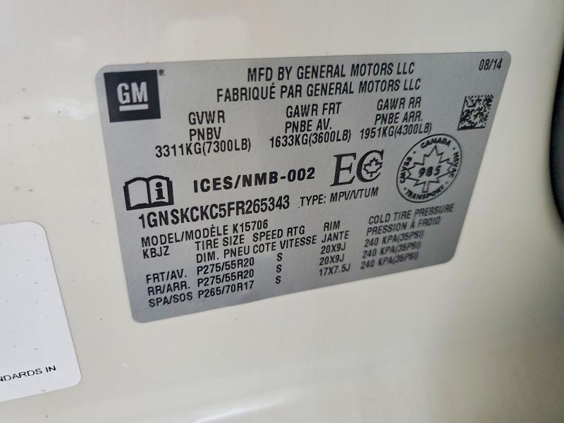 Aukcja sprzedaży 2015 Chevrolet Tahoe, vin: 1GNSKCKC5FR265343, numer aukcji: 60068836