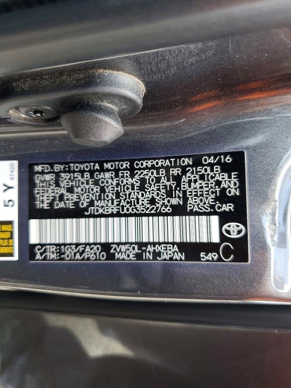 Aukcja sprzedaży 2016 Toyota Prius, vin: JTDKBRFU0G3522766, numer aukcji: 59196476
