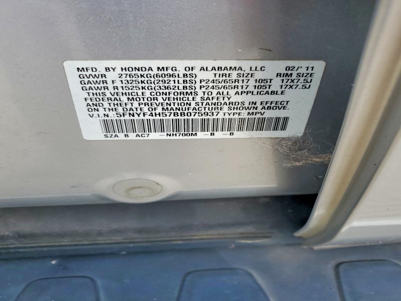 63361306 :رقم المزاد ، 5FNYF4H57BB075937 vin ، 2011 Honda Pilot مزاد بيع