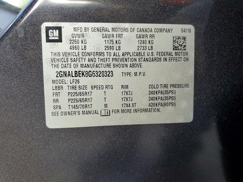63174026 :رقم المزاد ، 2GNALBEK8G6320323 vin ، 2016 Chevrolet Equinox مزاد بيع