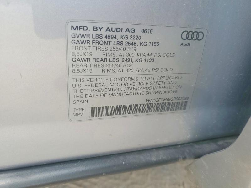 59283126 :رقم المزاد ، WA1GFCFS8GR002599 vin ، 2016 Audi Q3 مزاد بيع
