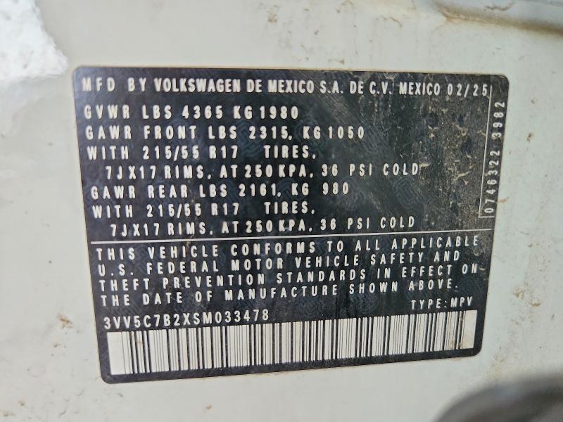 2025 Volkswagen Taos მანქანა იყიდება აუქციონზე, vin: 3VV5C7B2XSM033478, აუქციონის ნომერი: 58549106