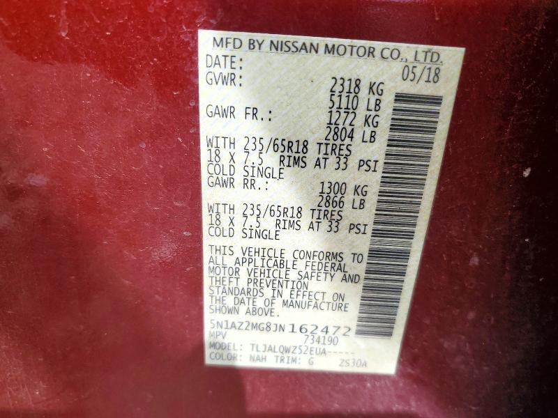 63037706 :رقم المزاد ، 5N1AZ2MG8JN162472 vin ، 2018 Nissan Murano مزاد بيع