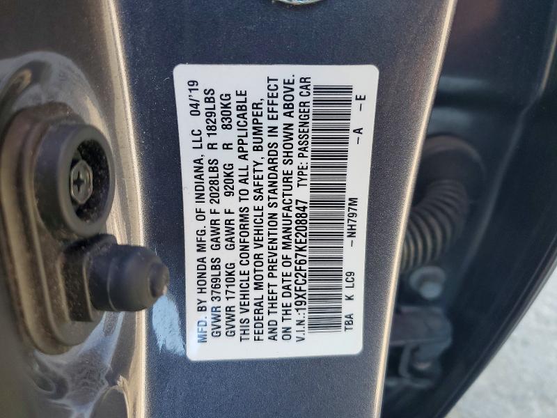 Aukcja sprzedaży 2019 Honda Civic, vin: 19XFC2F67KE208847, numer aukcji: 60510996