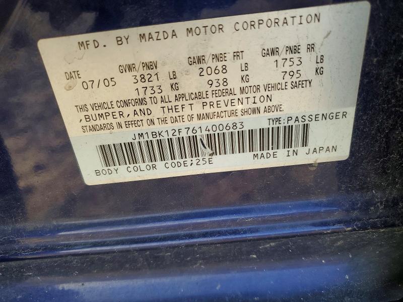 Aukcja sprzedaży 2006 Mazda 3, vin: JM1BK12F761400683, numer aukcji: 61595786