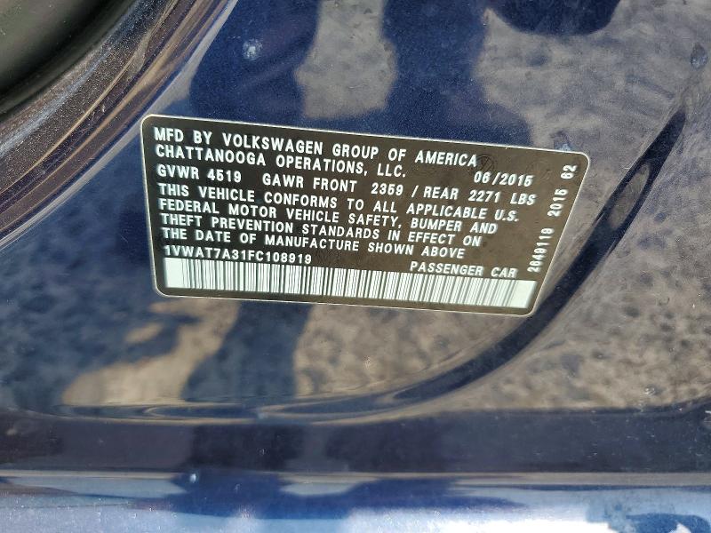 Продаж на аукціоні авто 2015 Volkswagen Passat, vin: 1VWAT7A31FC108919, номер лоту: 62762736