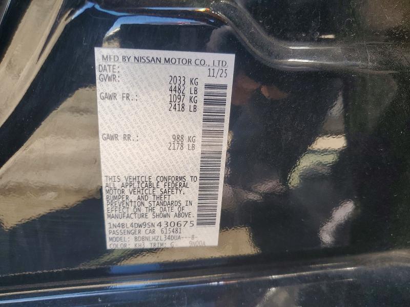 2025 Nissan Altima მანქანა იყიდება აუქციონზე, vin: 1N4BL4DW9SN430675, აუქციონის ნომერი: 60385796