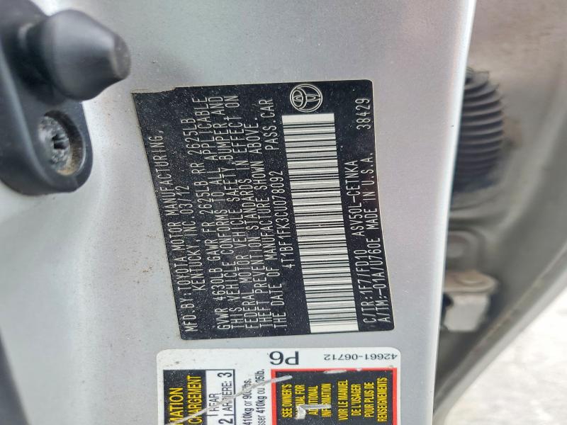 Продажа на аукционе авто 2012 Toyota Camry, vin: 4T1BF1FK3CU078092, номер лота: 61439846