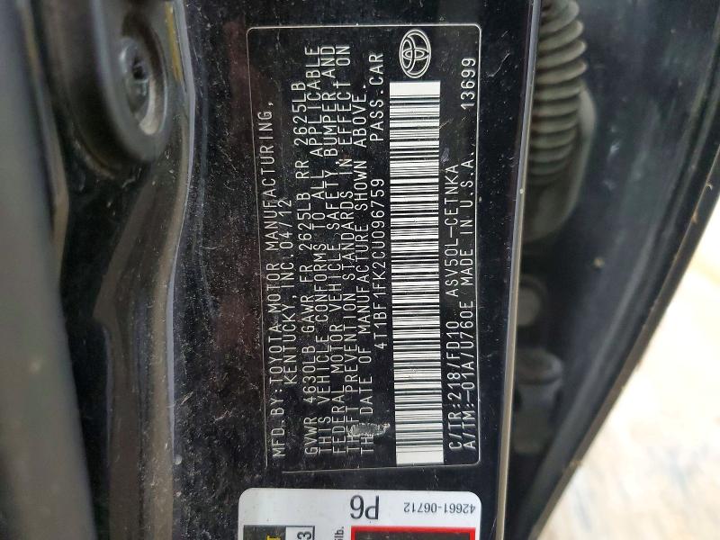 Aukcja sprzedaży 2012 Toyota Camry, vin: 4T1BF1FK2CU096759, numer aukcji: 63185106
