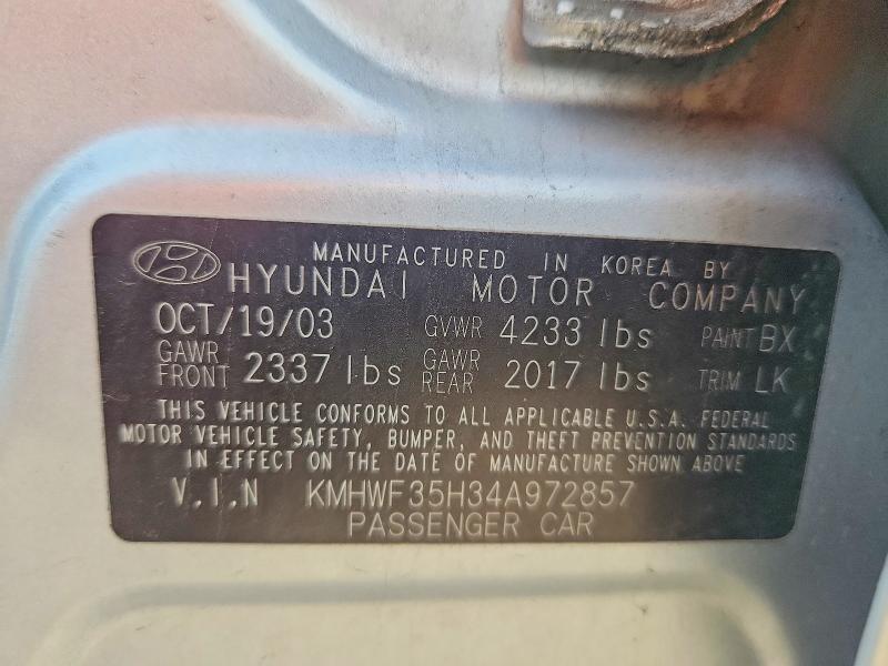 Aukcja sprzedaży 2004 Hyundai Sonata, vin: KMHWF35H34A972857, numer aukcji: 59250666