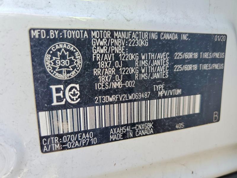 62705796 :رقم المزاد ، 2T3DWRFV2LW069487 vin ، 2020 Toyota Rav4 مزاد بيع