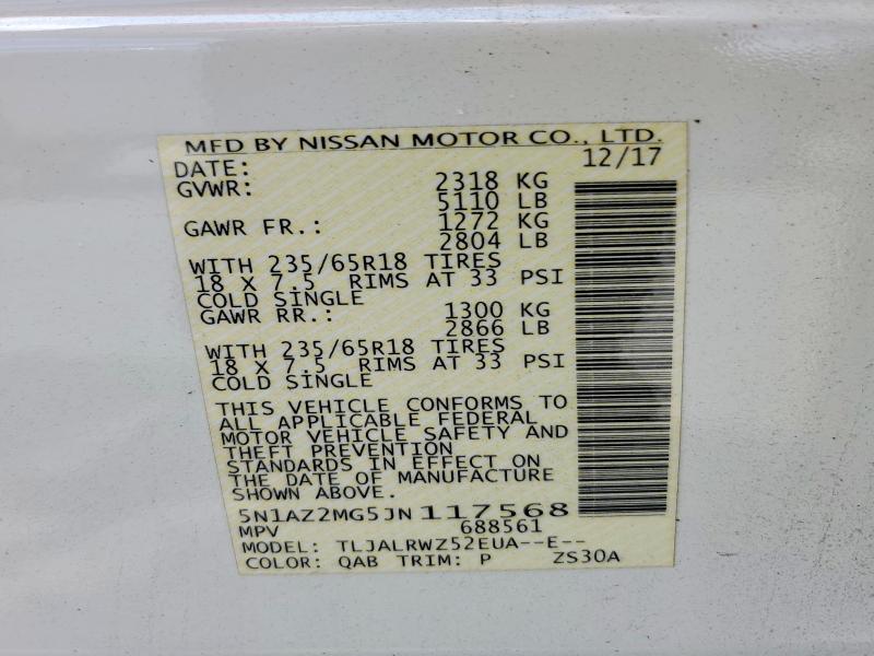 Продажа на аукционе авто 2018 Nissan Murano, vin: 5N1AZ2MG5JN117568, номер лота: 59153346