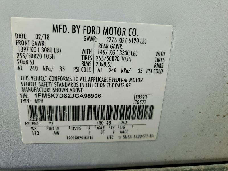 2018 Ford Explorer მანქანა იყიდება აუქციონზე, vin: 1FM5K7D82JGA96906, აუქციონის ნომერი: 60039406