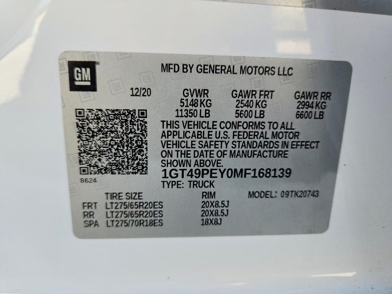 2021 Gmc Sierra მანქანა იყიდება აუქციონზე, vin: 1GT49PEY0MF168139, აუქციონის ნომერი: 62109686