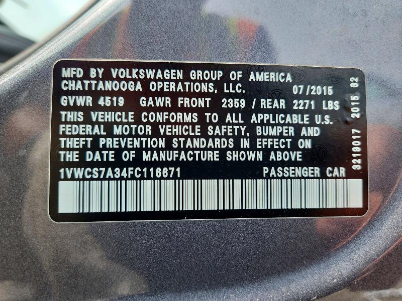 Продажа на аукционе авто 2015 Volkswagen Passat, vin: 1VWCS7A34FC116671, номер лота: 59650896