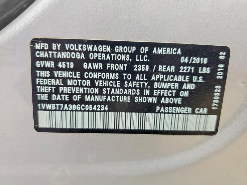 60033576 :رقم المزاد ، 1VWBT7A38GC054234 vin ، 2016 Volkswagen Passat مزاد بيع