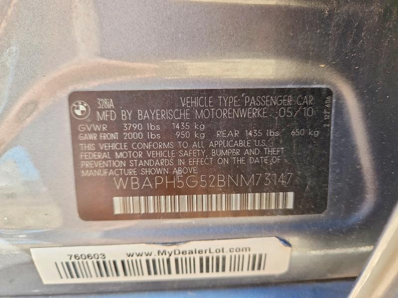 2011 Bmw 328 მანქანა იყიდება აუქციონზე, vin: WBAPH5G52BNM73147, აუქციონის ნომერი: 60564716